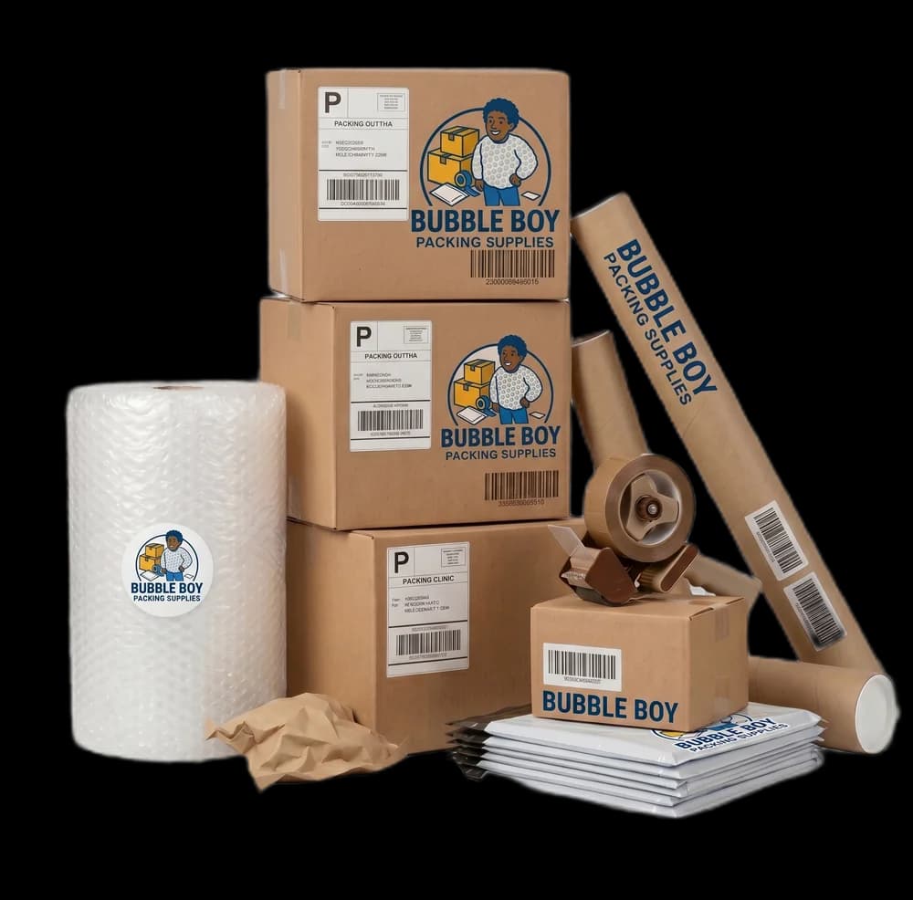 Packing supplies - boxes, bubble roll, tape, mailers